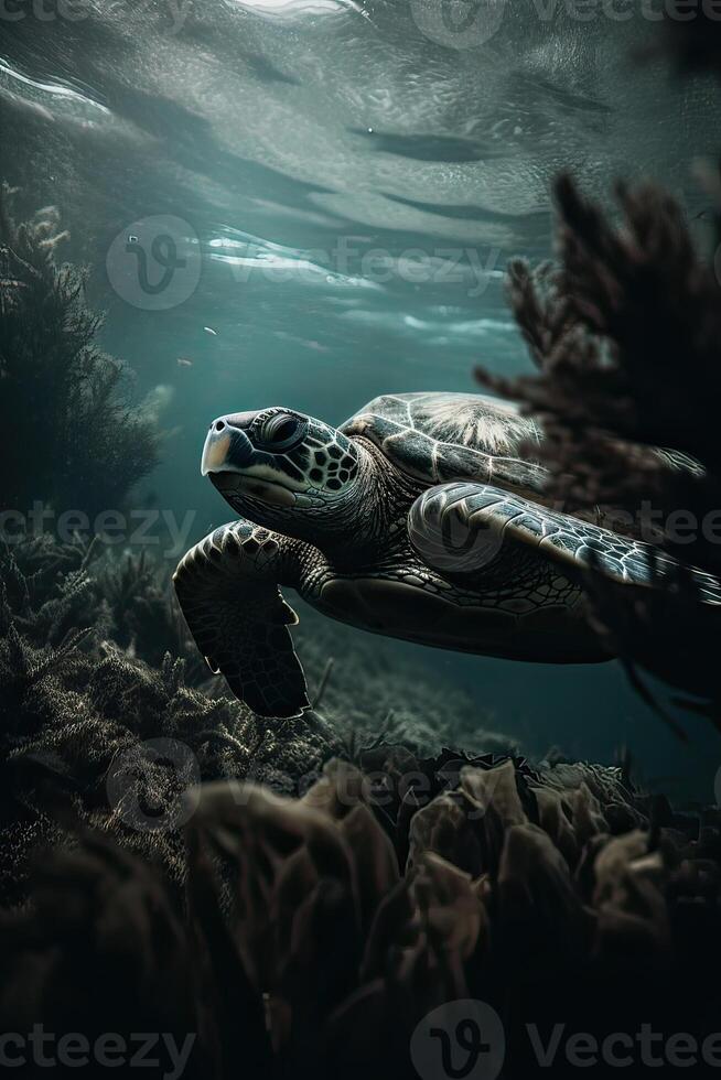 schön Aussicht von das Berg. Ozean Surfen Welle brechen und Schildkröten Tauchen unter Wasser. Schildkröten unten das Wasser Oberfläche im Türkis Wasser von ein tropisch Ozeane. generativ ai. foto