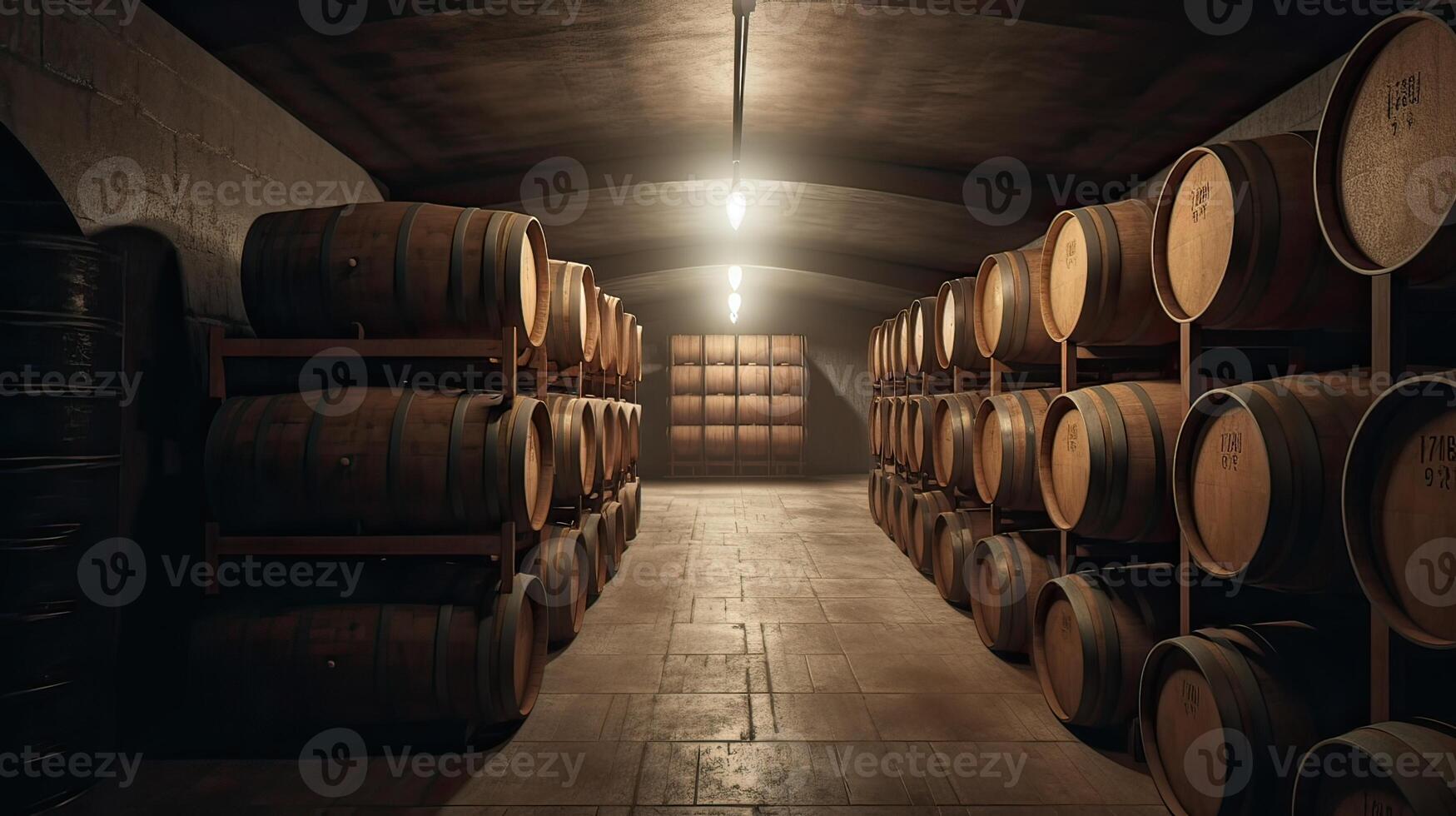 Brauerei Keller Hintergrund, Fässer, Wein oder Bier, generativ ai foto