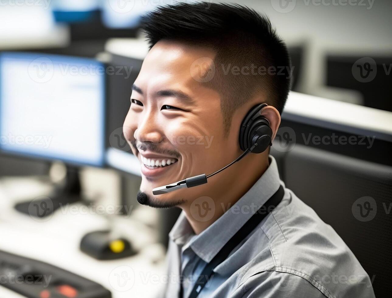 die Japaner Mann ist lächelnd, Sitzung beim seine Schreibtisch tragen ein Headset. Arbeiten im ein Anruf Center. generativ ai. foto