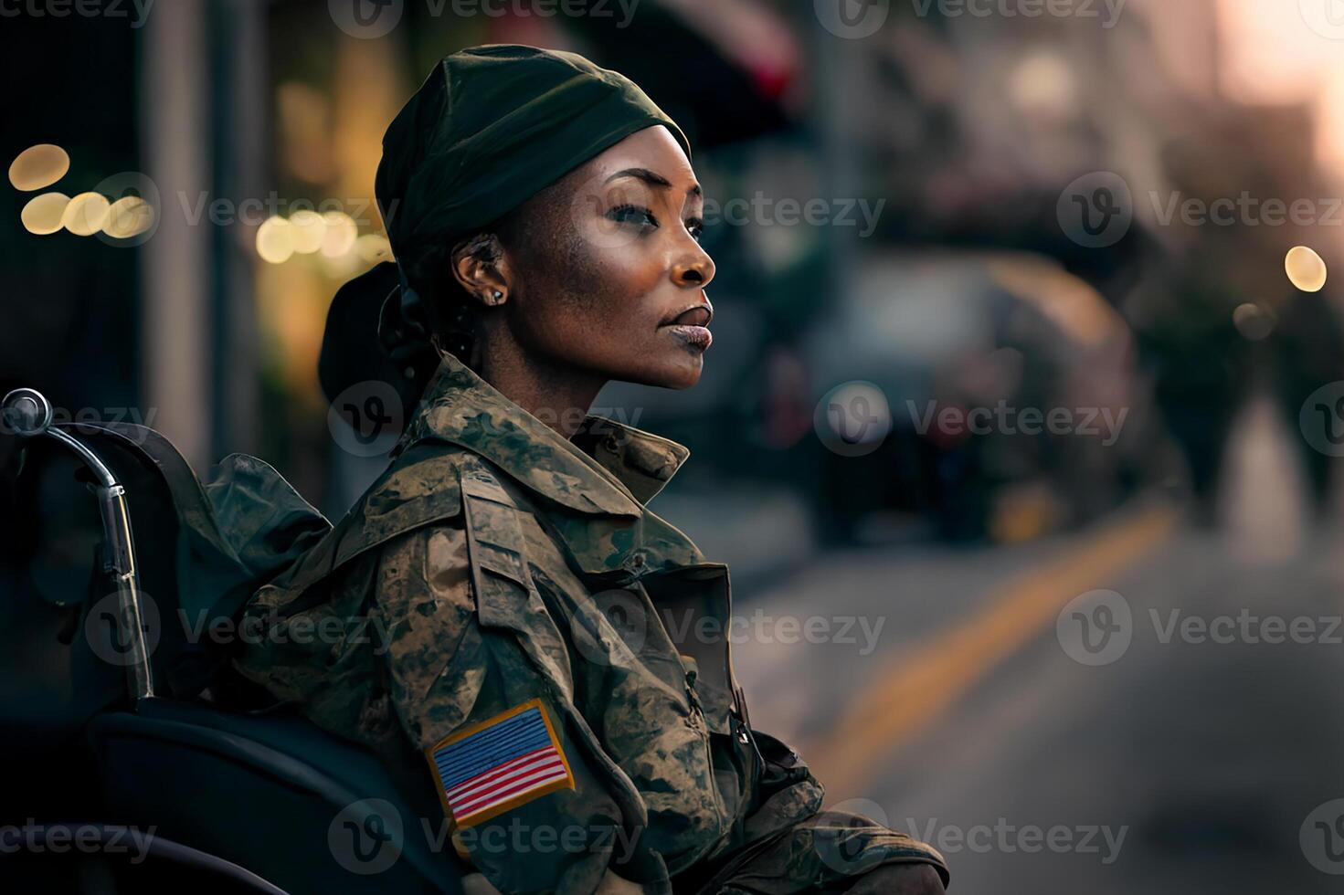 dunkelhäutig jung Frau, Militär- Offizier, deaktiviert Mann im Uniform und Rollstuhl auf ein Stadt Straße. ein amerikanisch Held. generativ ai foto