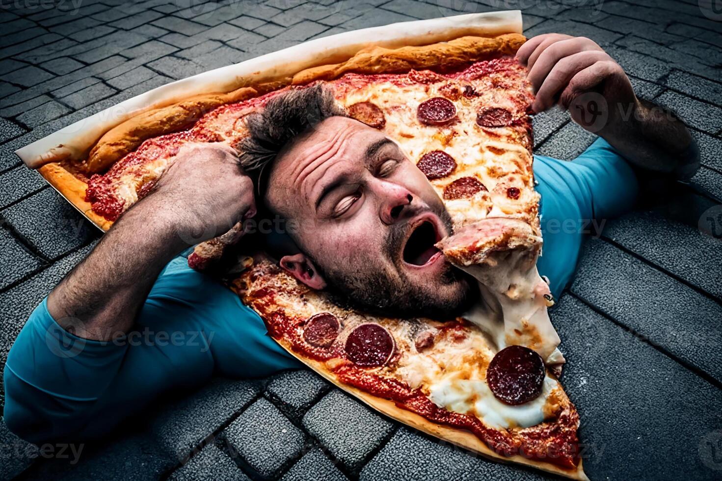 Mund Essen Pizza. Kopf von Mann mit öffnen Mund Lügen draußen Essen Pizza. generativ ai foto