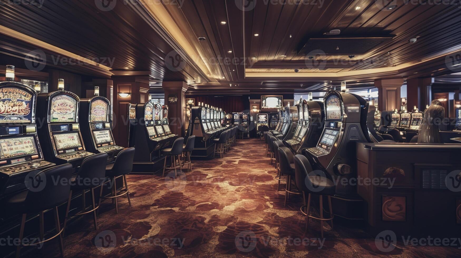 ein verschwenderisch Kasino Innere mit reichlich Slot Maschinen. generativ ai foto