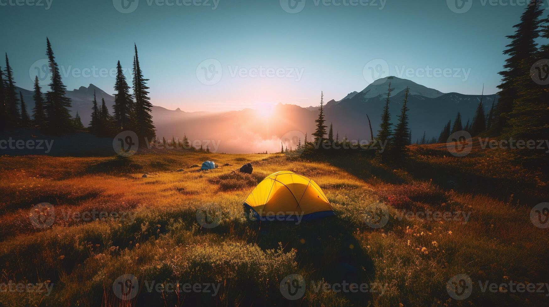 Dämmerung im das wild, Camping beim Sonnenaufgang. generativ ai foto