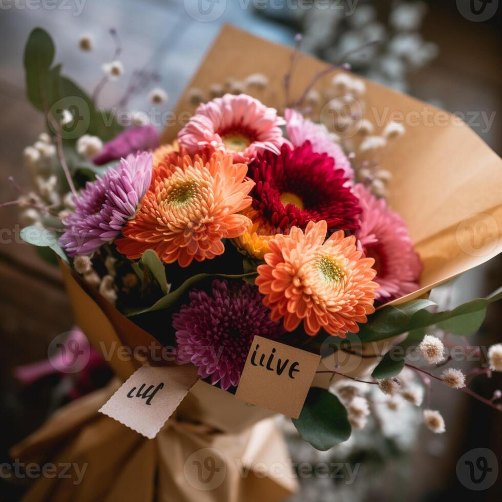 Foto Blumen blühen Blumen- Strauß Dekoration bunt schön Hintergrund ai generativ