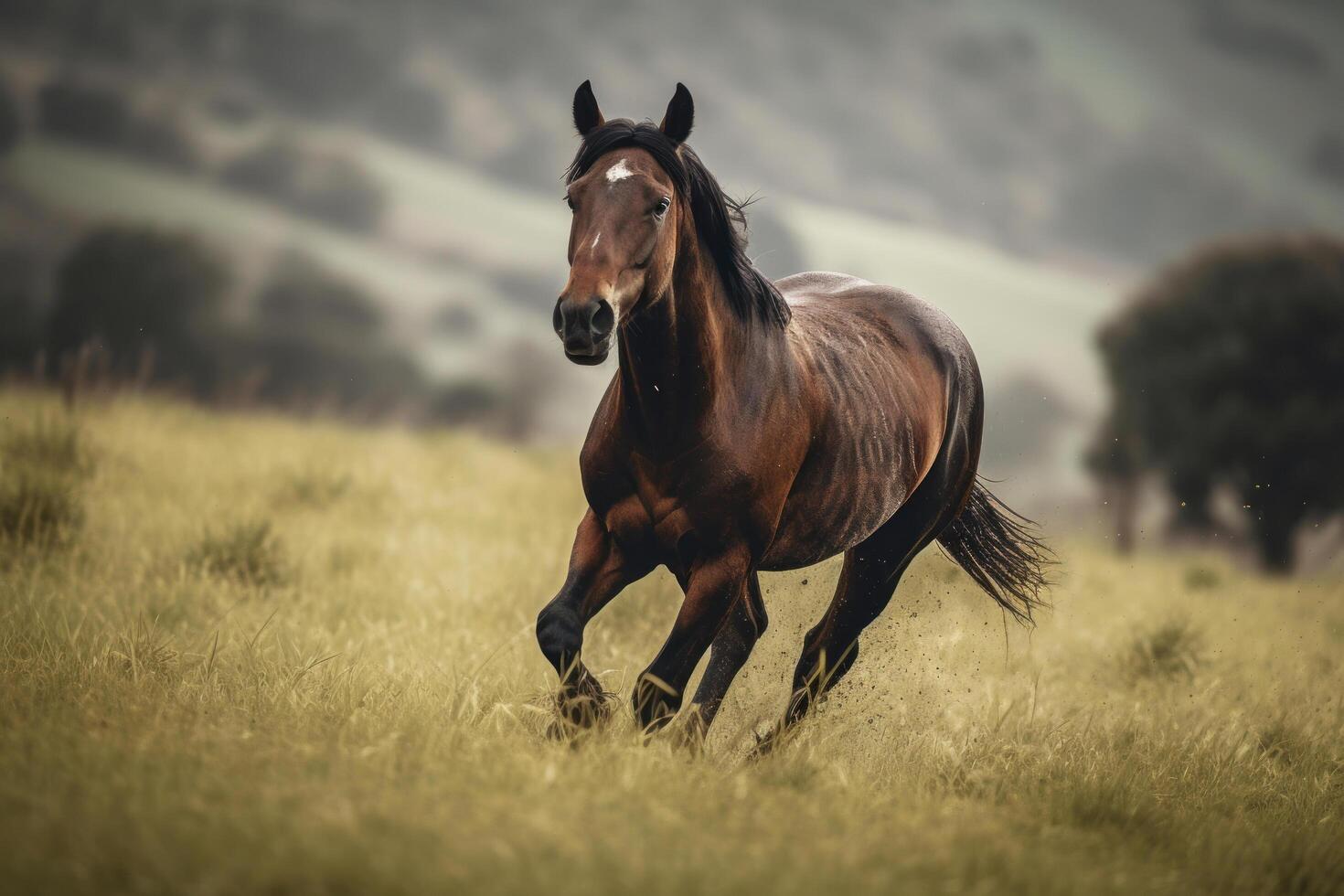 braun Pferd galoppierend im das Feld. Illustration ai generativ foto