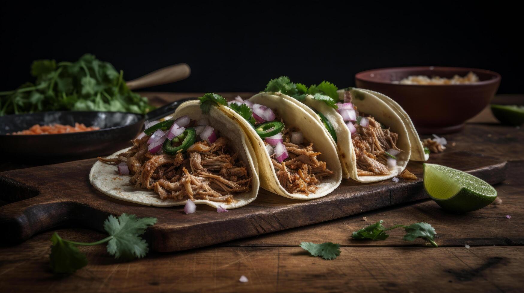 Mexikaner amerikanisch Schweinefleisch Carnitas Taco. Illustration ai generativ foto