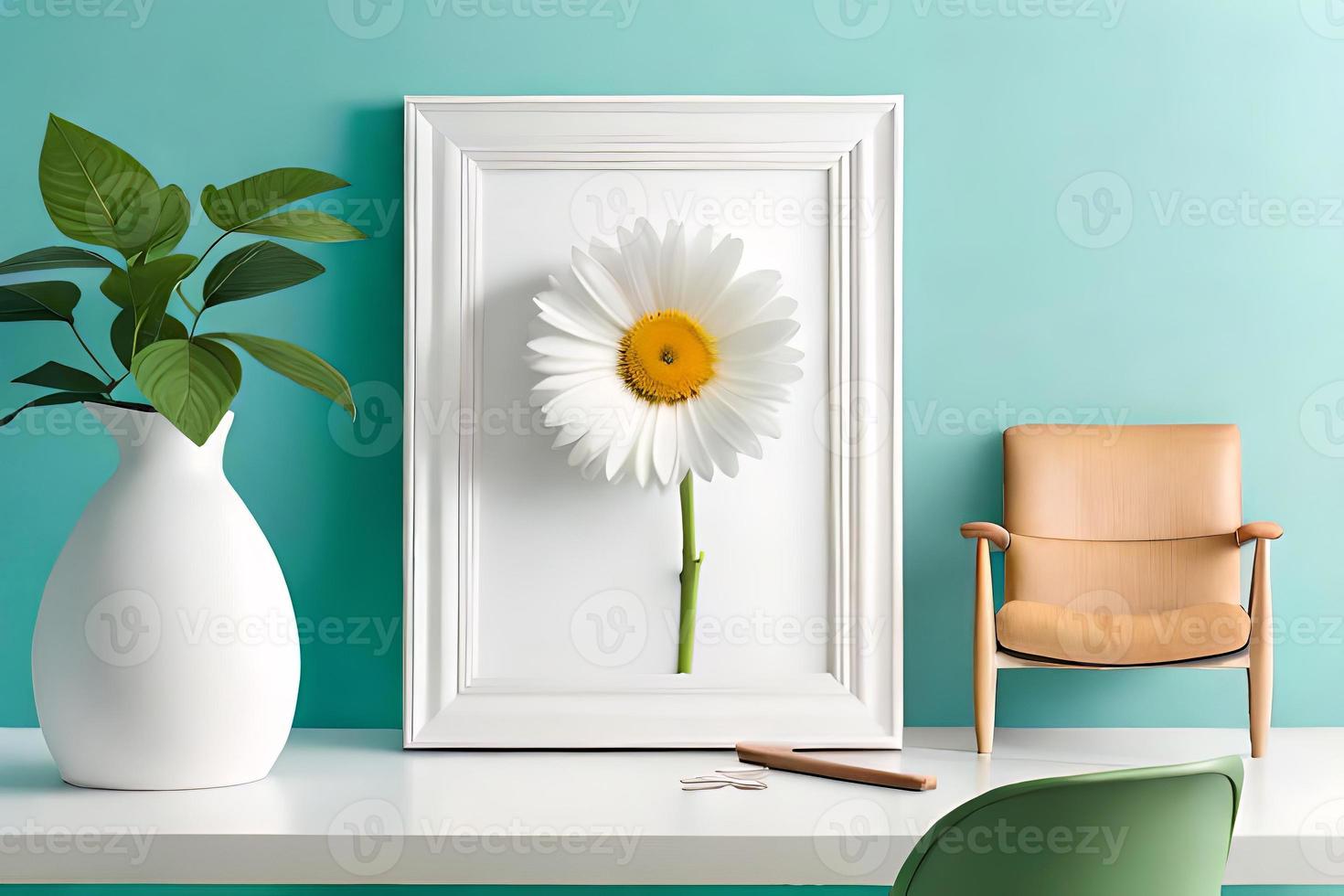 minimal Weiß Bild Rahmen Segeltuch Anzeige mit Blume im Vase foto