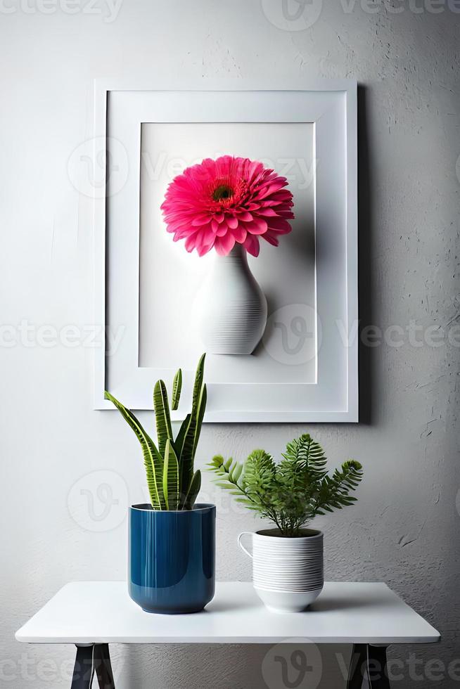 minimal Weiß Bild Rahmen Segeltuch Anzeige mit Blume im Vase foto