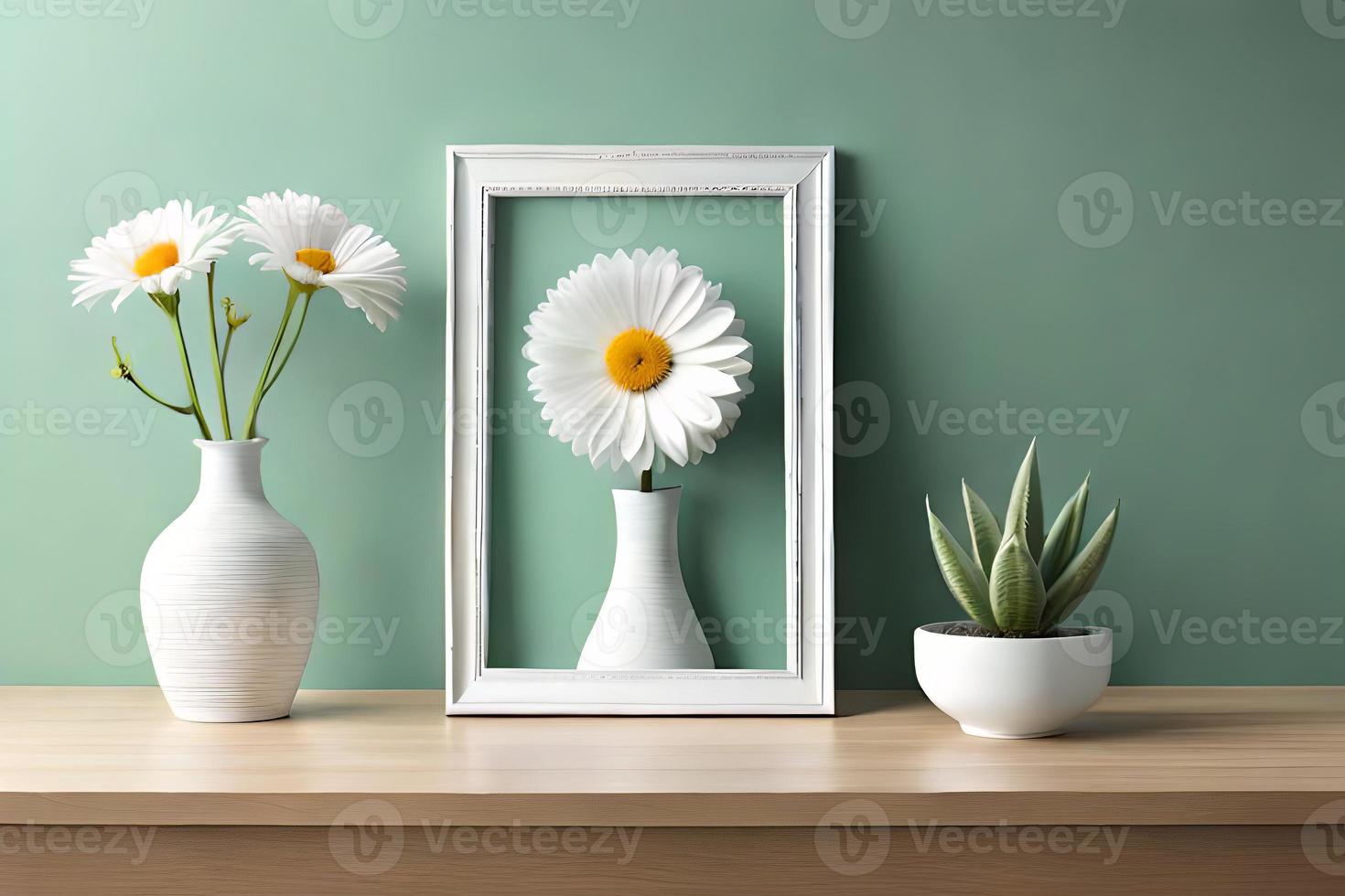 minimal Weiß Bild Rahmen Segeltuch Anzeige mit Blume im Vase foto