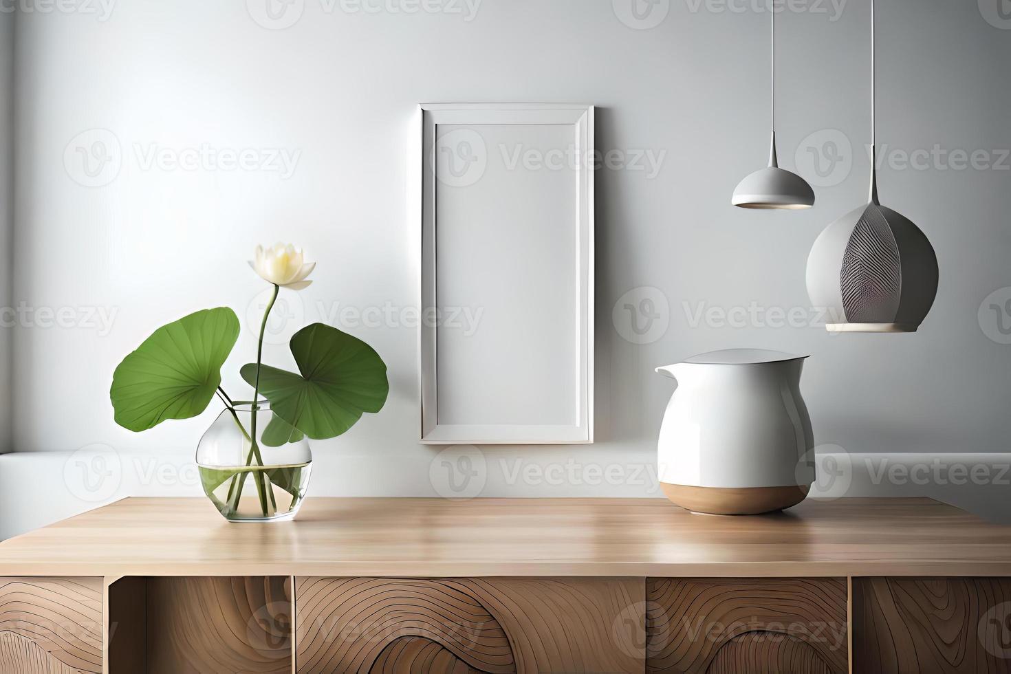 minimal Weiß Bild Rahmen Segeltuch Anzeige mit Blume im Vase foto