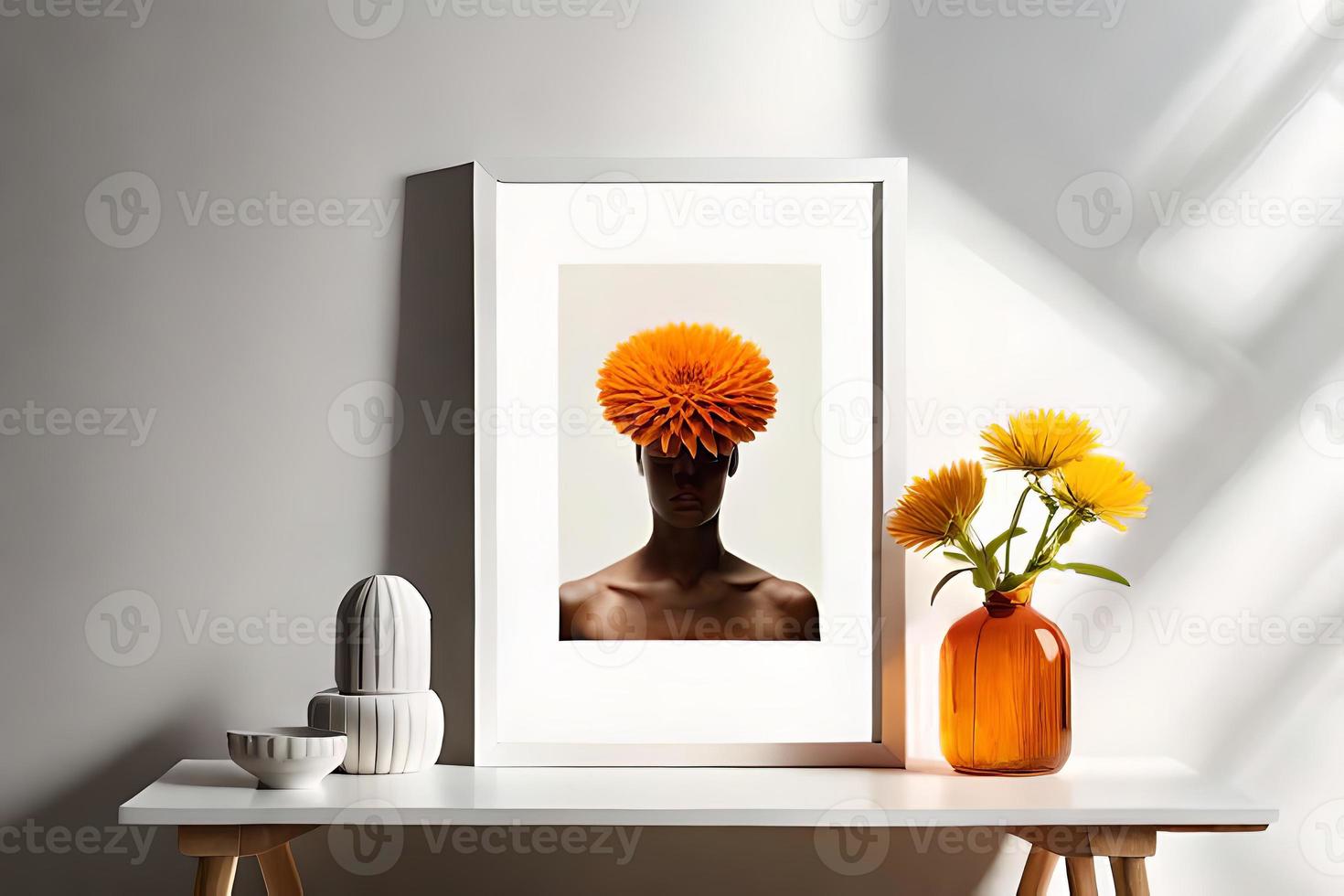 minimal Weiß Bild Rahmen Segeltuch Anzeige mit Blume im Vase foto