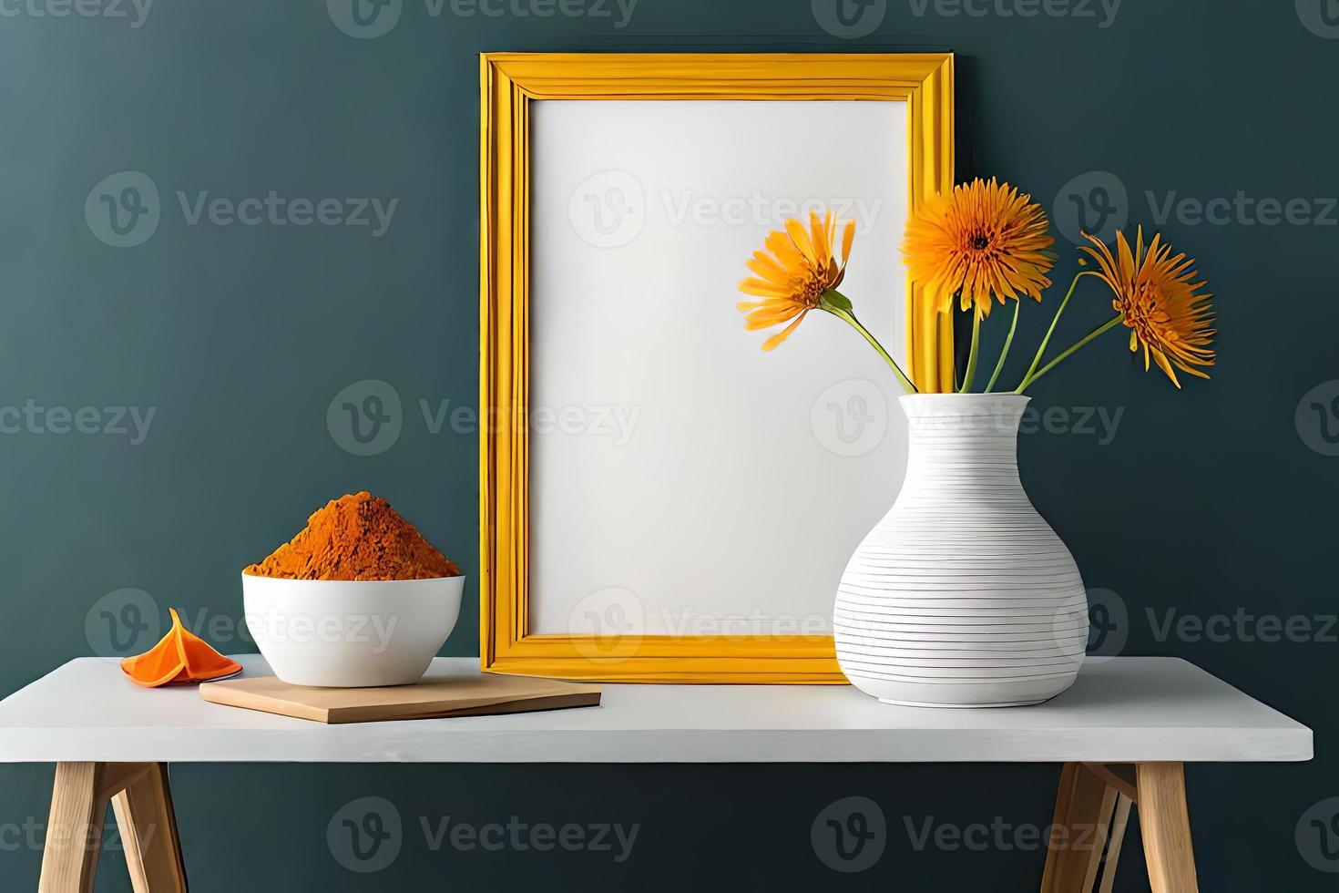 minimal Weiß Bild Rahmen Segeltuch Anzeige mit Blume im Vase foto