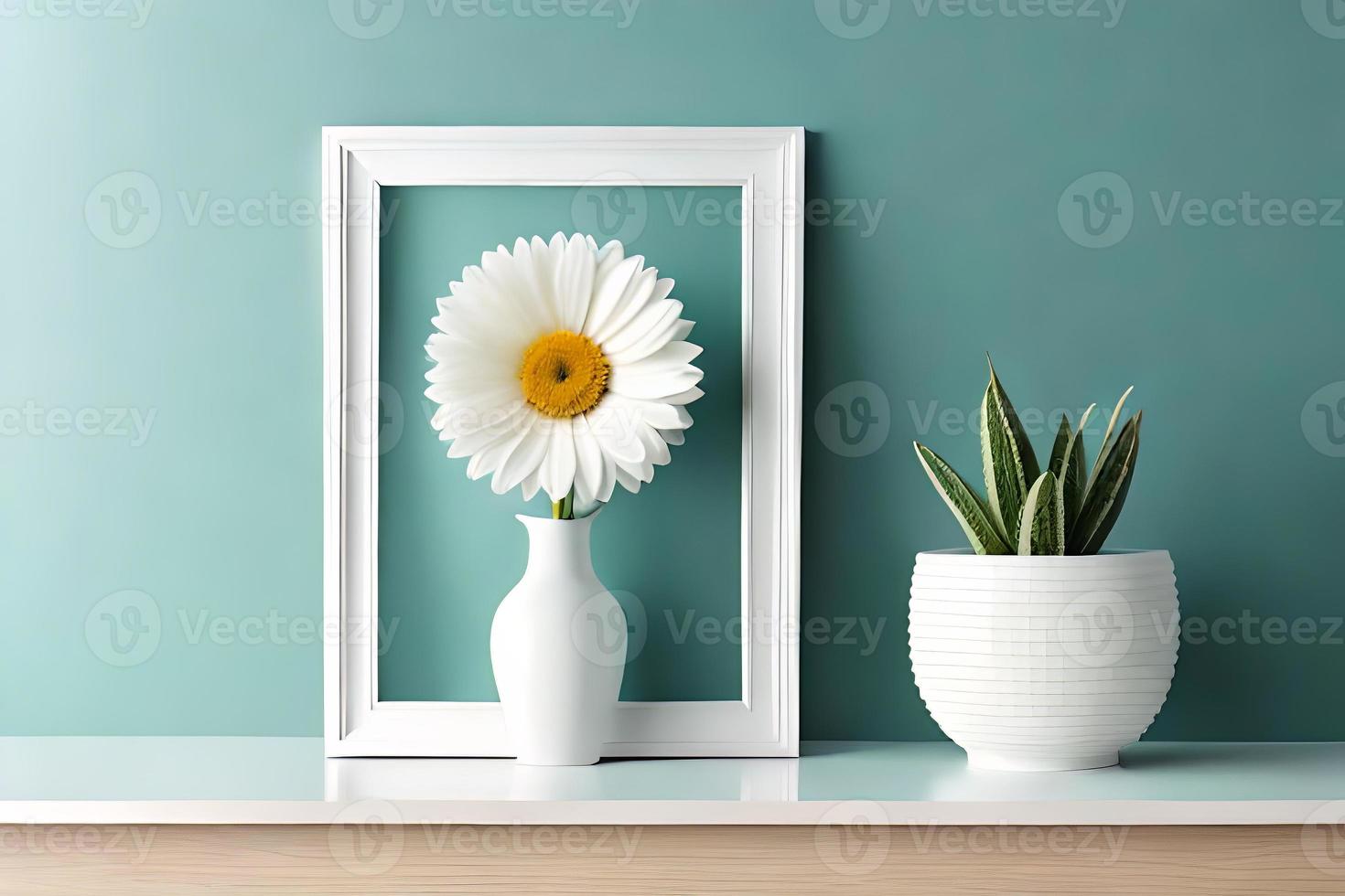 minimal Weiß Bild Rahmen Segeltuch Anzeige mit Blume im Vase foto