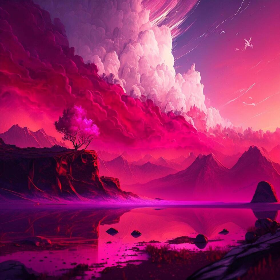 schön surreal Rosa Landschaft Hintergrund. mysteriös bunt Fantasie Welt Illustration. Konzept Kunst zum Video Spiele, Fiktion , oder Filme. ai generiert Foto Design, kostenlos Grafik Bild.