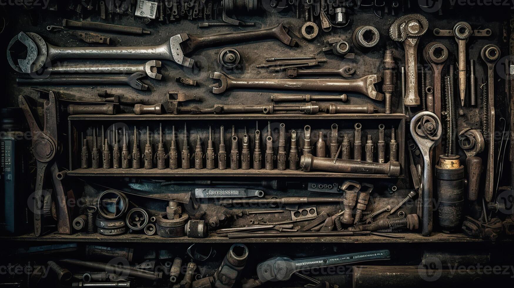 ai generiert. generativ ai. retro Jahrgang Auto Bedienung Mechaniker Garage Werkzeuge Ausrüstung prasseln. können Sein benutzt zum Geschäft Dekoration. Grafik Kunst Illustration. foto
