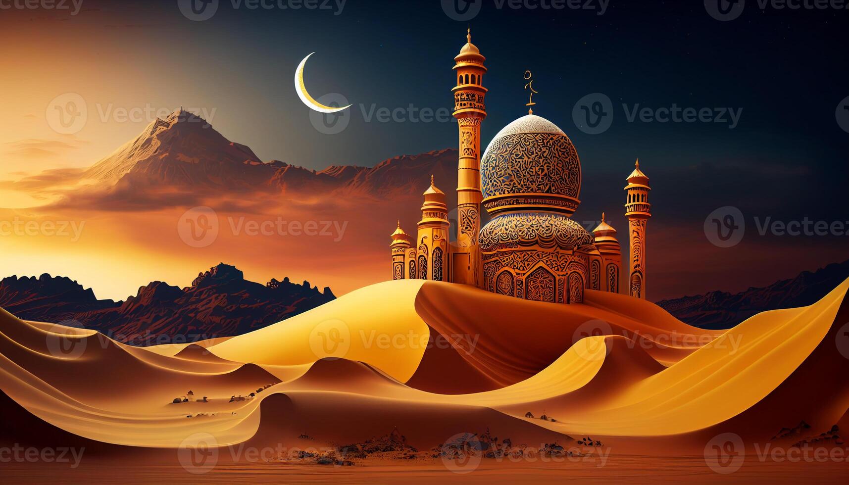 bunt islamisch Moschee mit Raum Aussicht zum Ramadan Hintergrund erstellt mit ai Werkzeuge foto