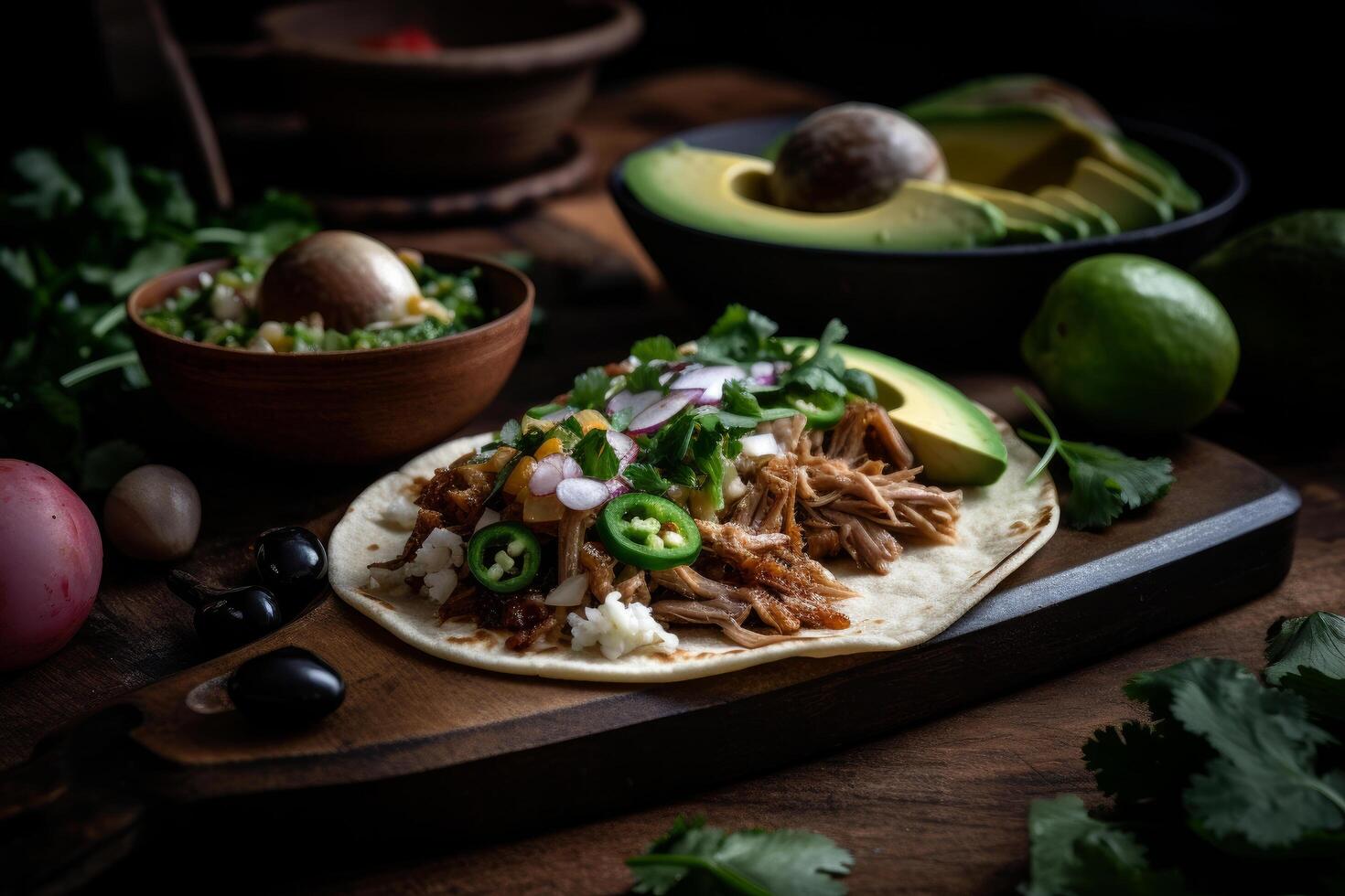 Mexikaner amerikanisch Schweinefleisch Carnitas Taco. Illustration ai generativ foto