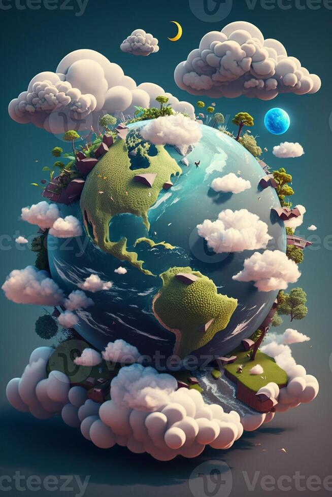 3d Ultra realistisch Karikatur Illustration von Planet Erde umgeben durch Wolken, generativ ai foto