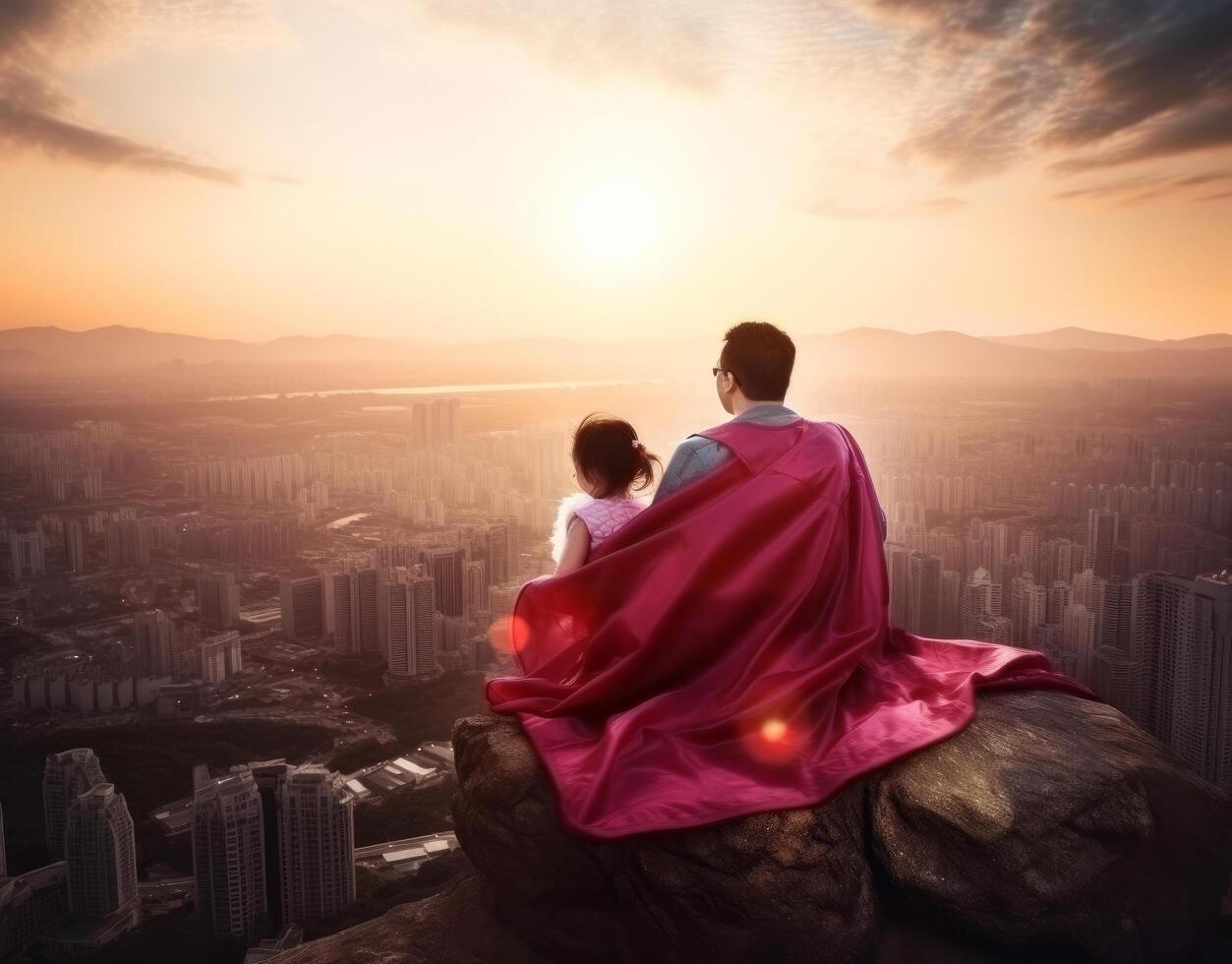 Vaters Tag Hintergrund. Superheld Vater mit Kind. Illustration ai generativ foto