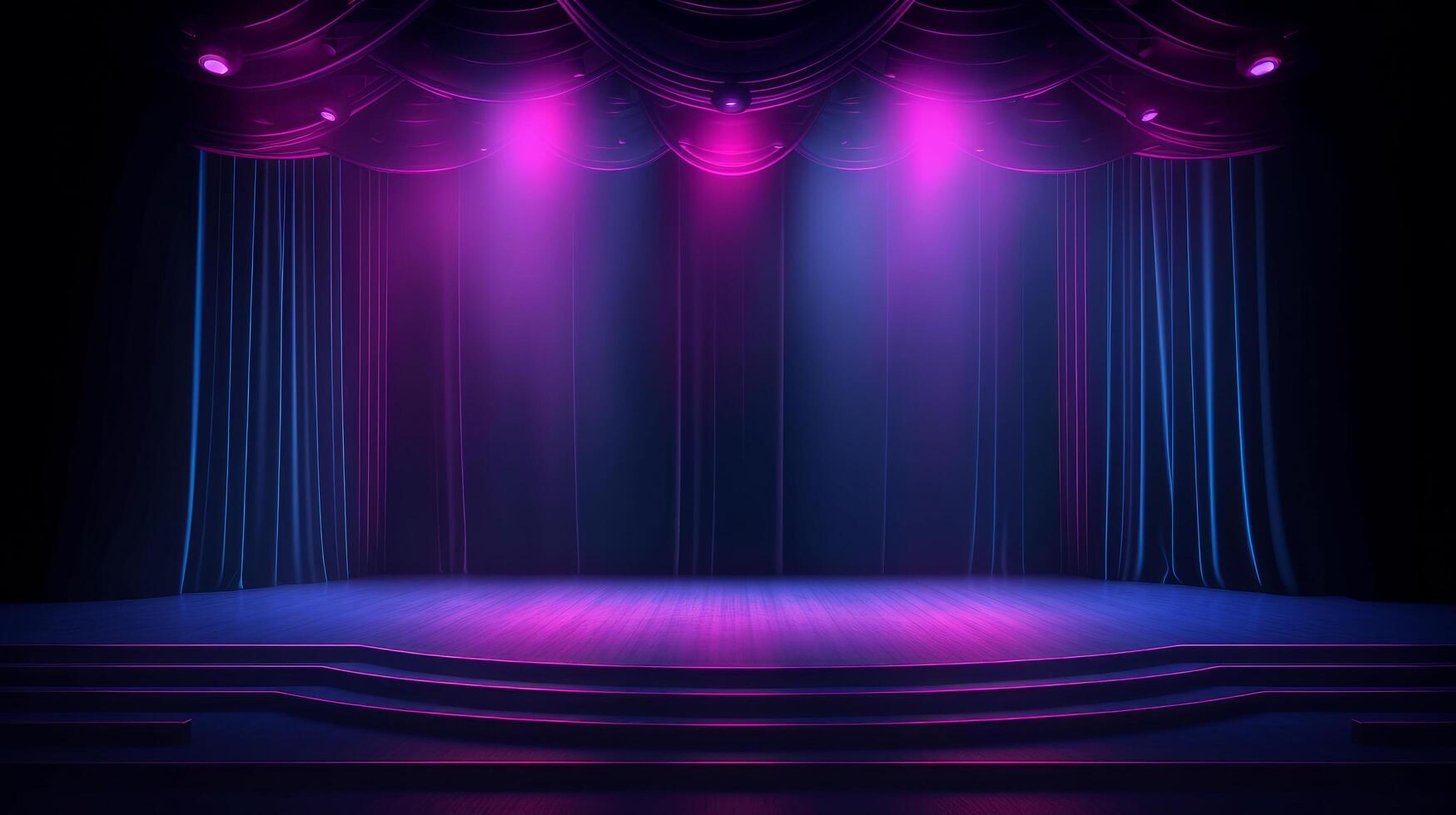 Bühne zeigt an leeren dunkel Blau lila Rosa Hintergrund Illustration ai generativ foto