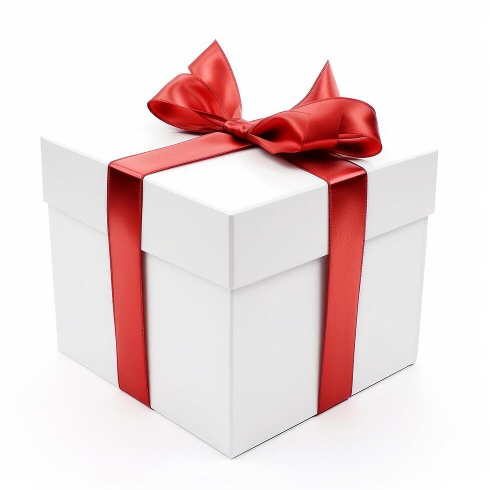 Weiß Geschenk Box mit rot Band Illustration ai generativ foto