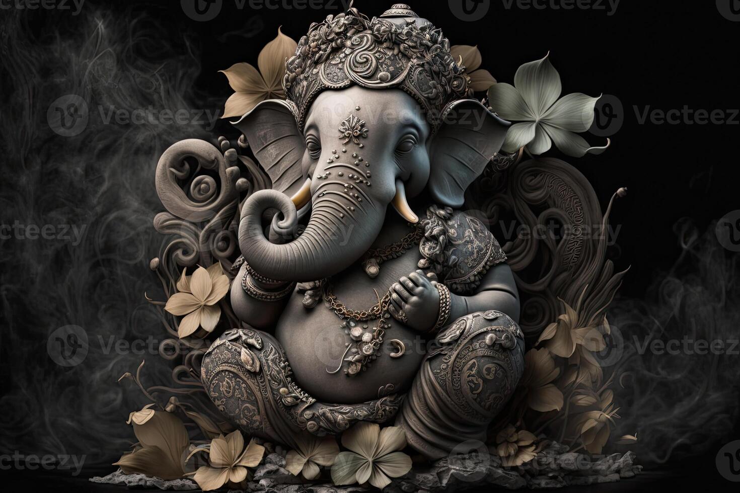 generativ ai Illustration von Ganesha Hindu Gott , mit Blumen, Öl Gemälde genommen oben in Himmel, Sitzung im Vorderseite von Bokeh Mandala Hintergrund foto