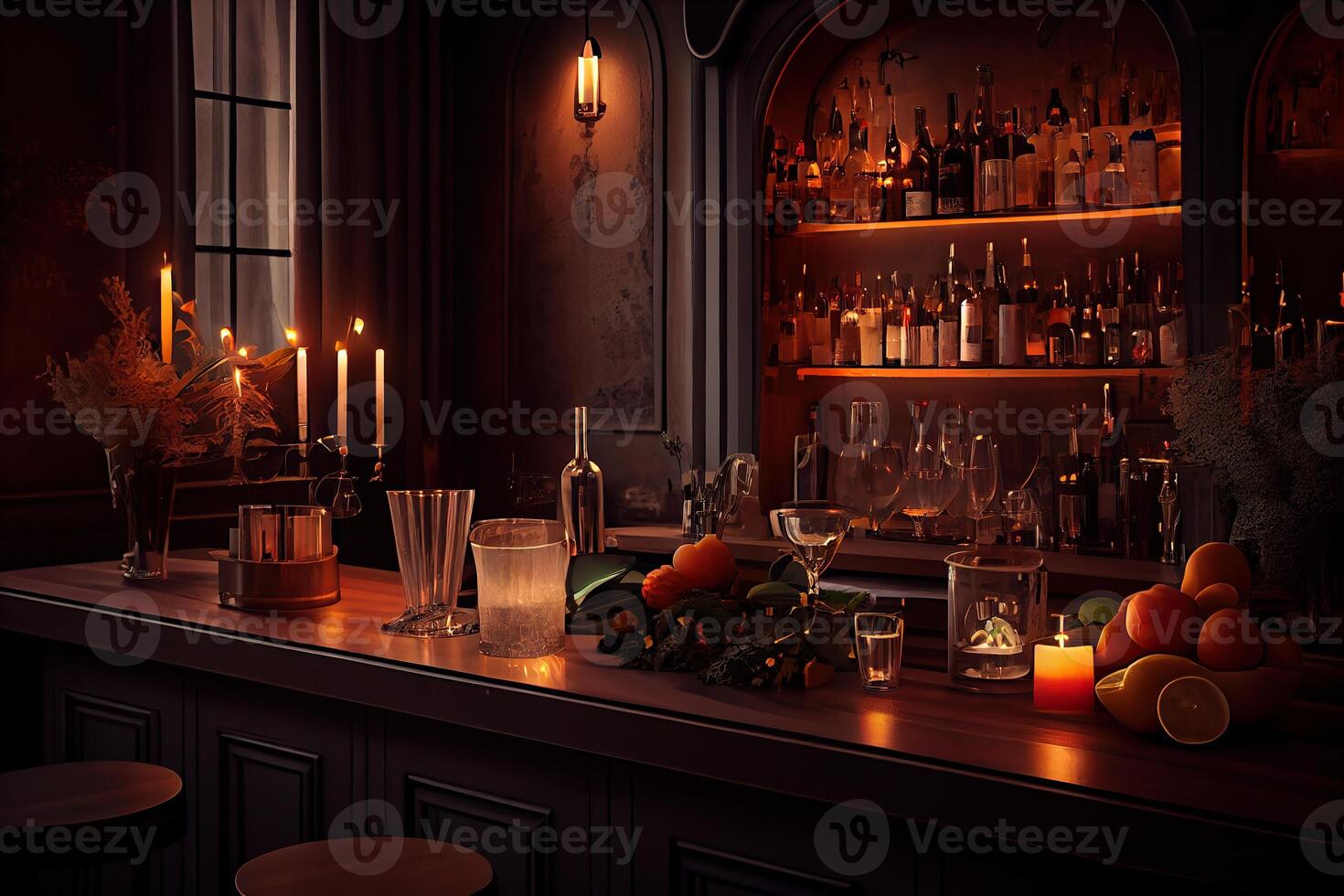 generativ ai Illustration von ein Salon Bar, Das beinhaltet Elemente eine solche wie ein gut beleuchtet Bar Schalter, Wein Gläser, zündete Kerzen und ein entspannt und Begrüßung Atmosphäre foto