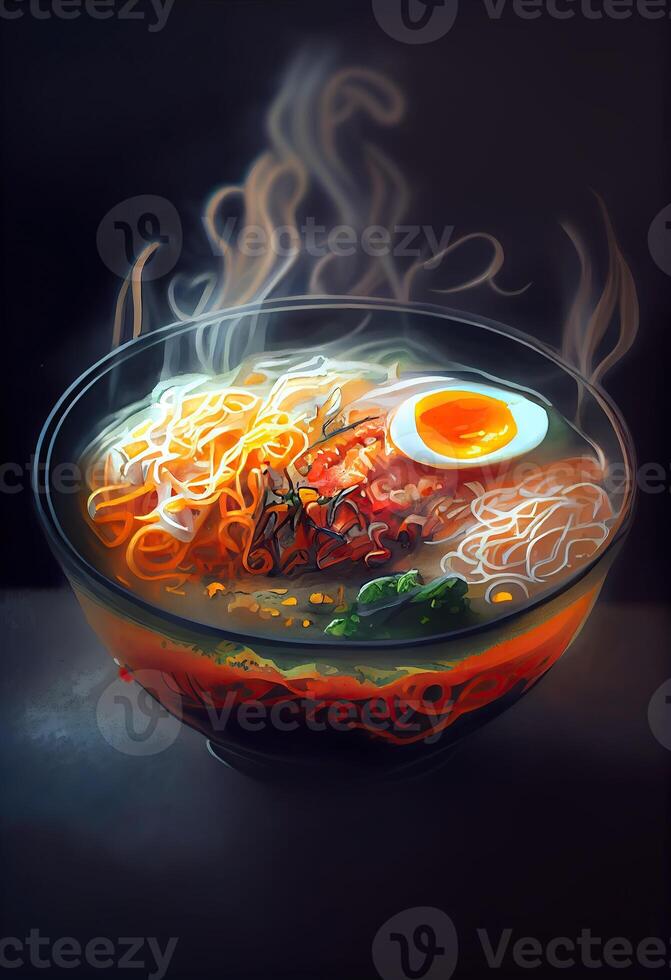 generativ ai Illustration von das die meisten köstlich japanisch Ramen, Soja Soße Ramen im Schweinefleisch Knochen Brühe foto