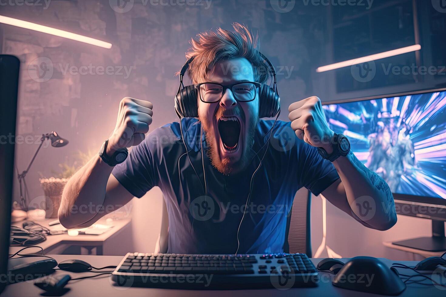 generativ ai Illustration von Fachmann Esport Spieler freut sich im das Sieg im Cyber Spiel Zimmer. Spieler feiern Sieg. gewinnen ein Spiel. elektronisch Sport Spieler freut sich Sieg foto