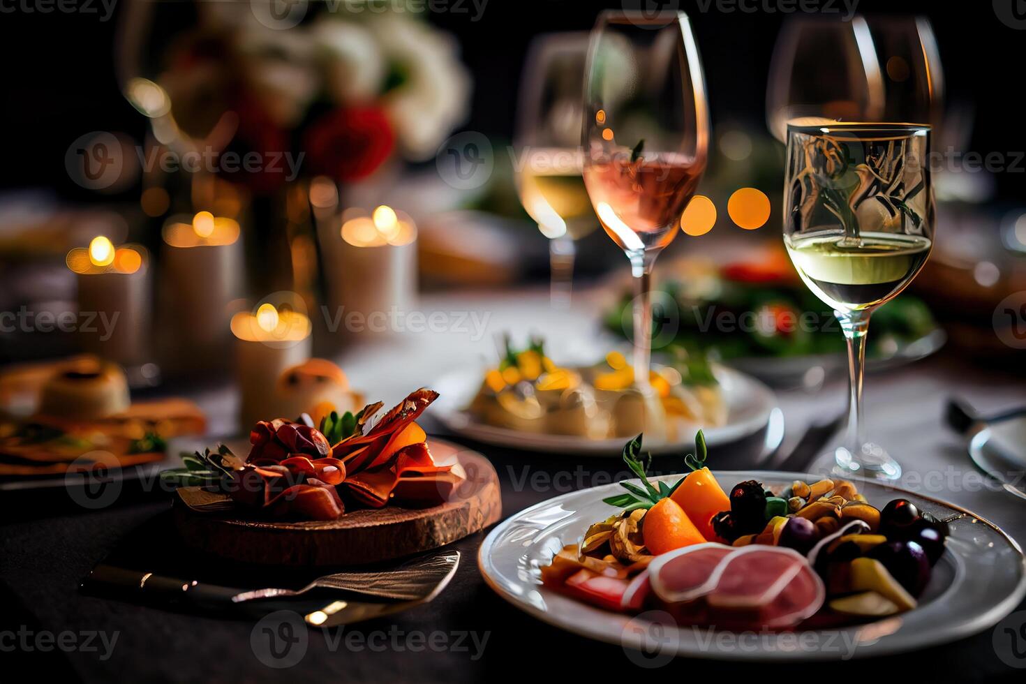 generativ ai Illustration von Portion Tabelle von ein Vielfalt von köstlich festlich Essen und Wein bereit zum Veranstaltung Party oder Hochzeit. selektiv Fokus foto