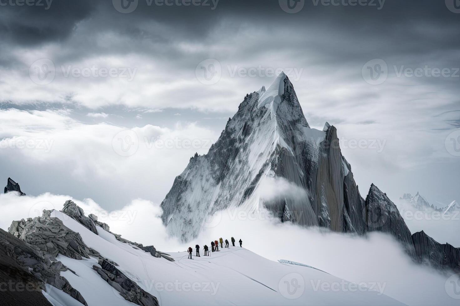 generativ ai Illustration von Gruppe von Bergsteiger. mehrere hoch alpin Kletterer im Vorderseite von ein riesig Berg foto