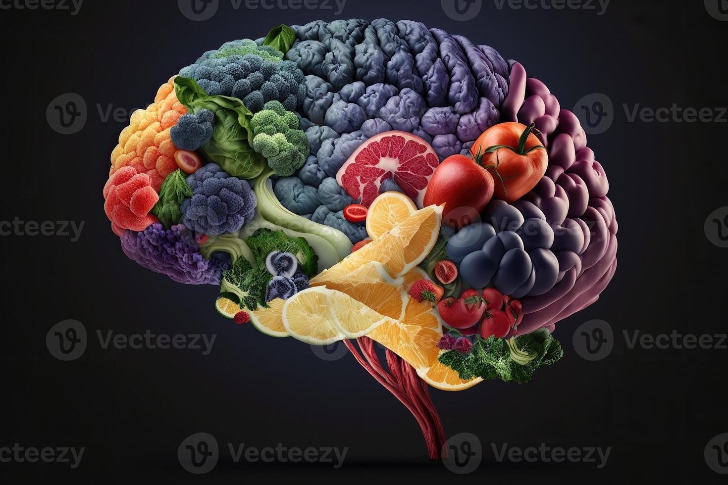 generativ ai Illustration von Mensch Gehirn gemacht von Früchte und Gemüse. Konzept von nahrhaft Lebensmittel zum Gehirn Gesundheit und Erinnerung foto