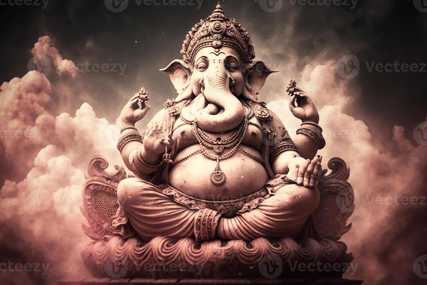 generativ ai Illustration von Ganesha Hindu Gott , mit Blumen, Öl Gemälde genommen oben in Himmel, Sitzung im Vorderseite von Bokeh Mandala Hintergrund foto