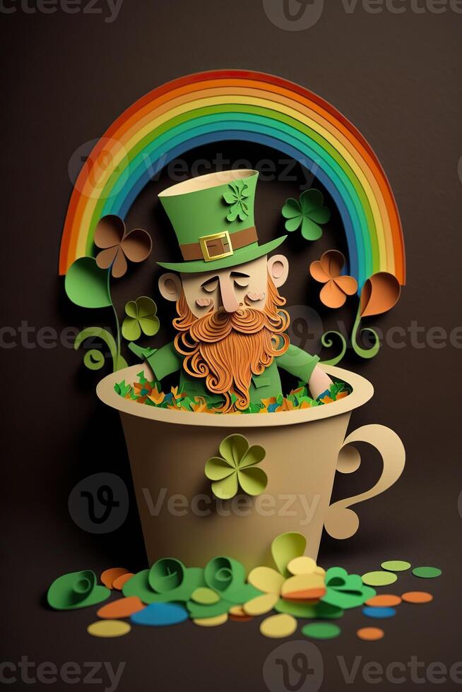 generativ ai Illustration von wunderlich irisch Karikatur, Haifisch, Bier, Grün, Topf von Gold, glücklich st Patrick Tag, quilling Papier Schnitt Kunst foto