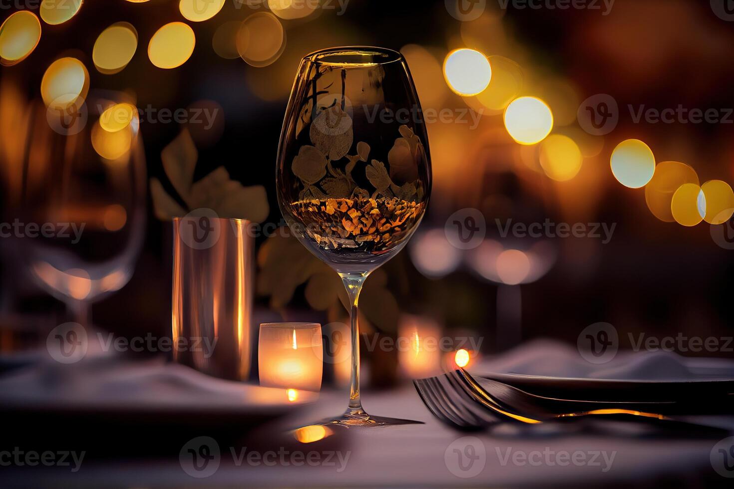 generativ ai Illustration von ein Restaurant Tabelle mit ein Glas von Weiß Wein, Sanft golden Licht, teuer Restaurant mit schön Beleuchtung, draussen und Nacht foto