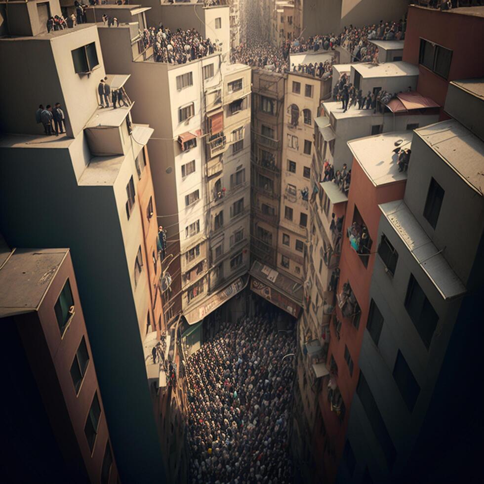 Illustration von ein Aussicht von das Population Dichte im das Mitte von das Stadt, generativ ai foto