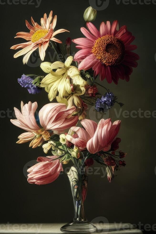 schön Bündel von bunt Blumen auf schwarz Hintergrund im Jahrgang Stil. festlich Blumen Konzept mit Kopieren Raum. .erstellt mit generativ ai foto