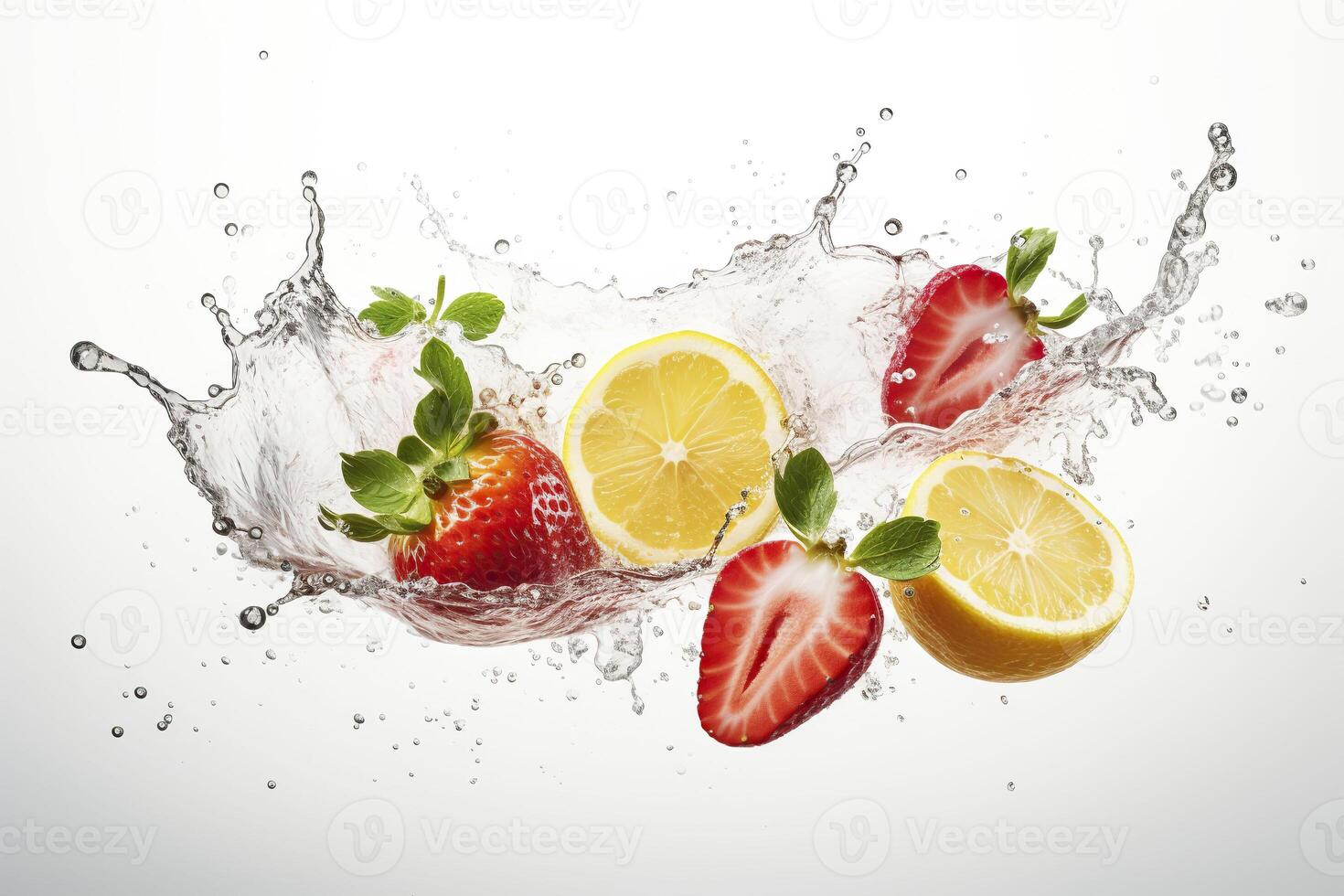 fliegend Scheiben von Zitrone Erdbeeren und Wasser Spritzen. generativ ai. foto