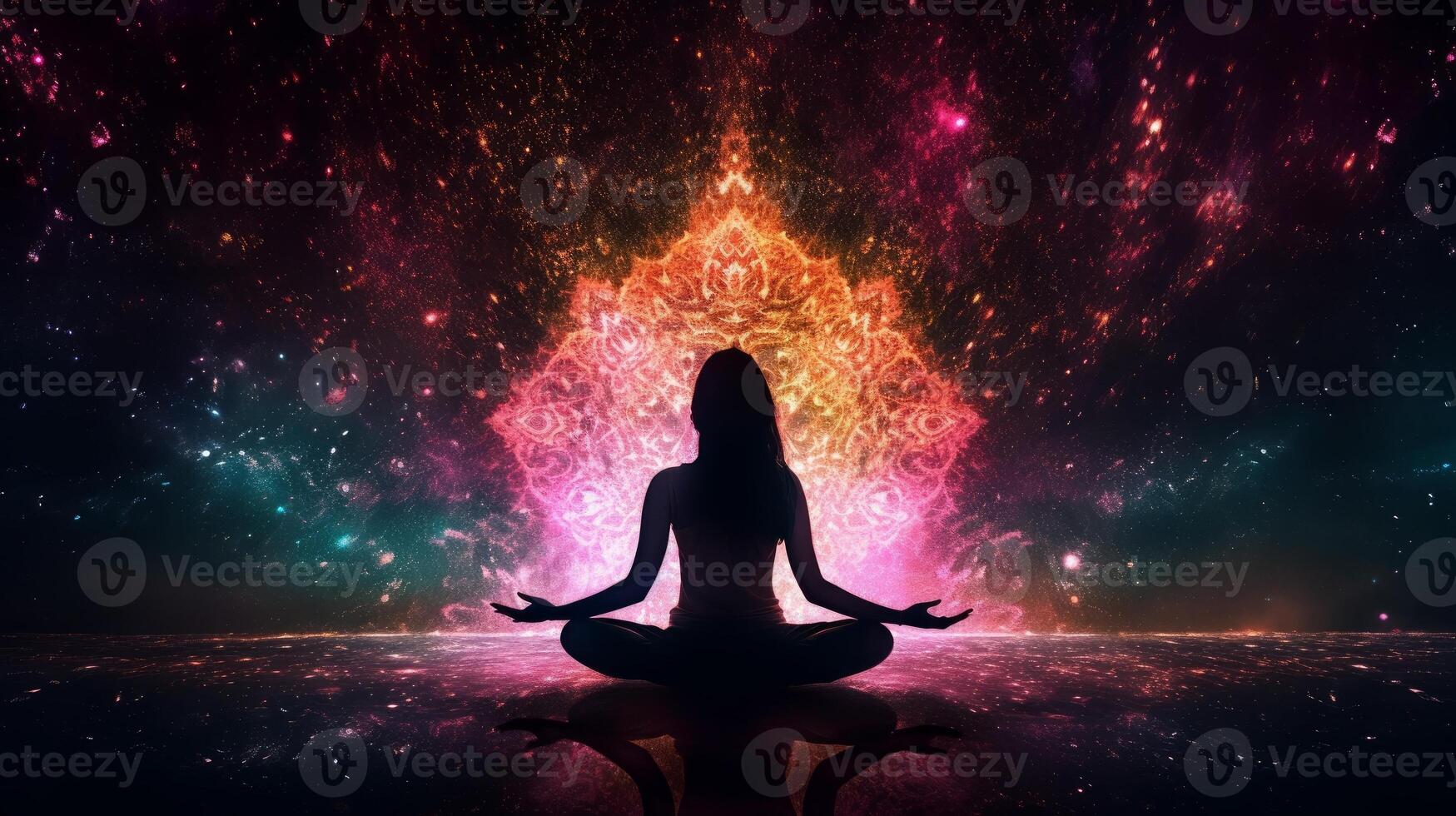 ein Frau meditieren im Musik- Meditation generativ ai foto