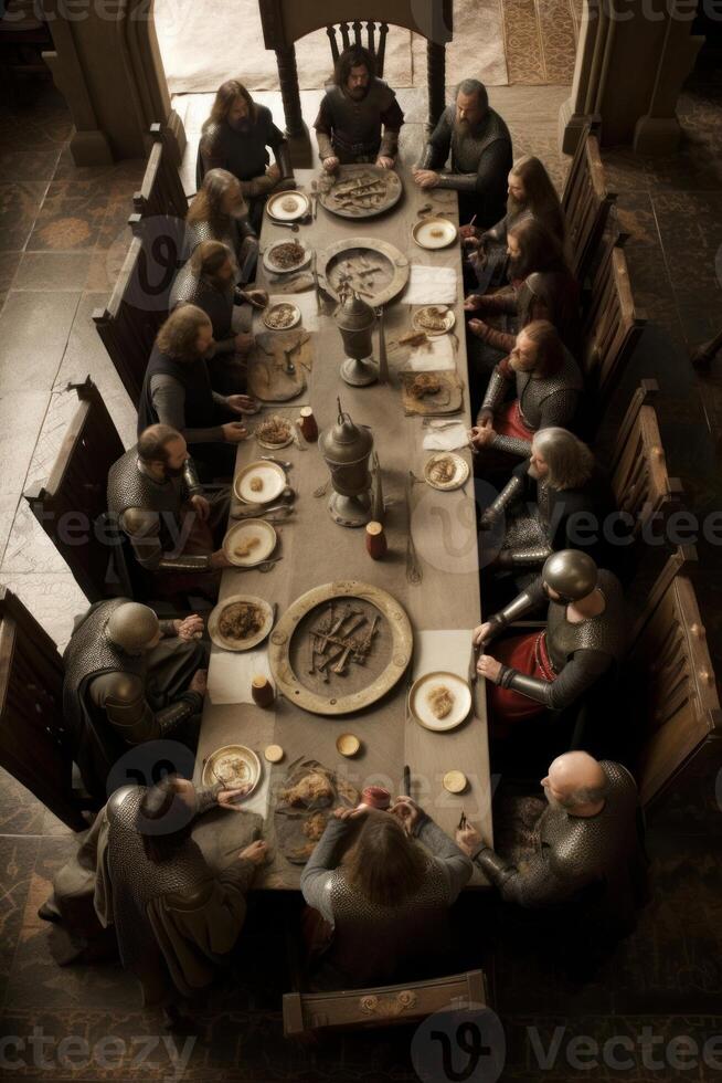 filmisch Aussicht von königlich Menschen Teilen Essen Tabelle generativ ai foto