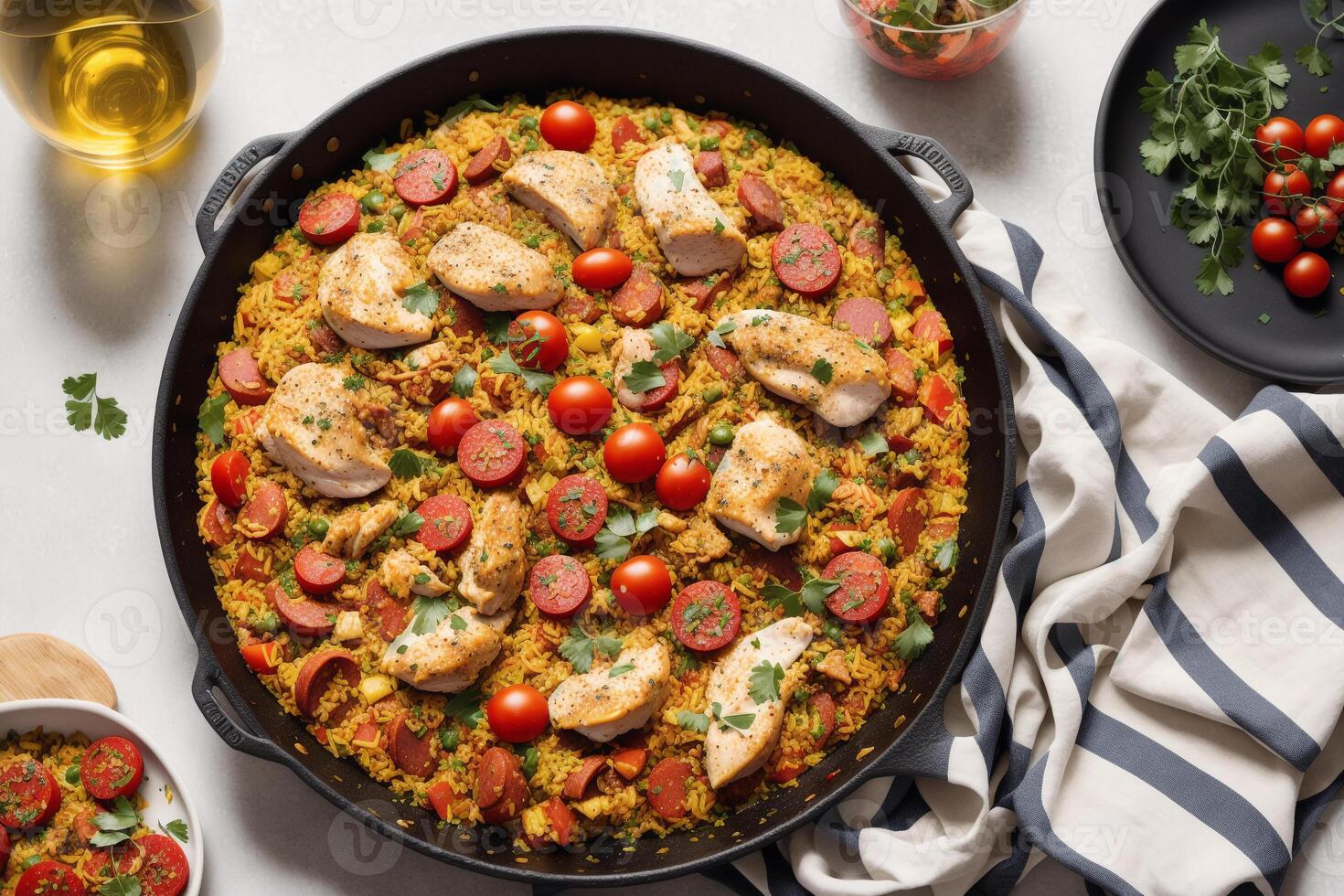 Paella, traditionell Spanisch Gericht gemacht mit Reis, Hähnchen und Gemüse, serviert im ein Pfanne. Paella mit Meeresfrüchte. Spanisch Küche. generativ ai foto