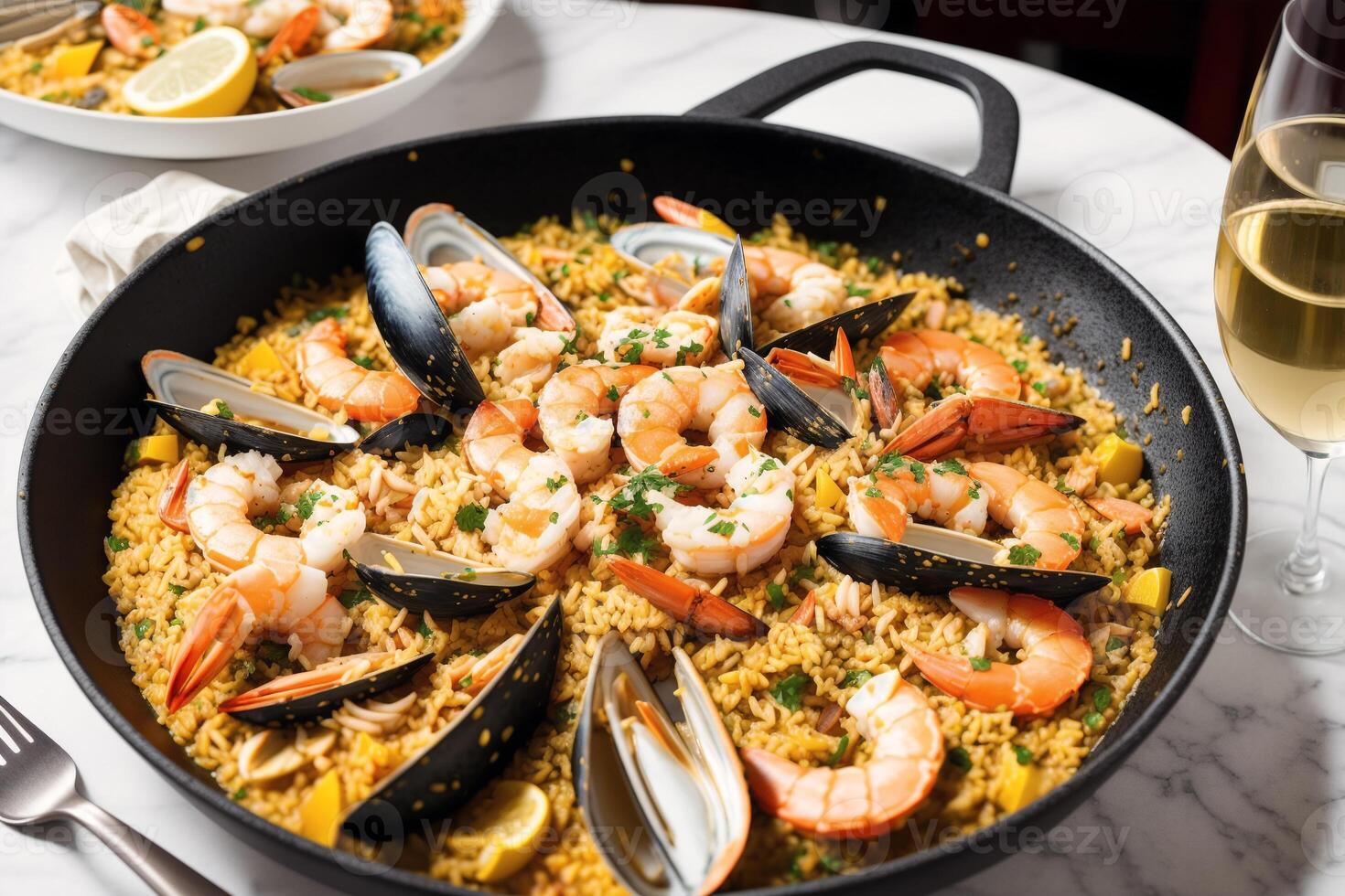 Paella, traditionell Spanisch Gericht gemacht mit Reis, Hähnchen und Gemüse, serviert im ein Pfanne. Paella mit Meeresfrüchte. Spanisch Küche. generativ ai foto