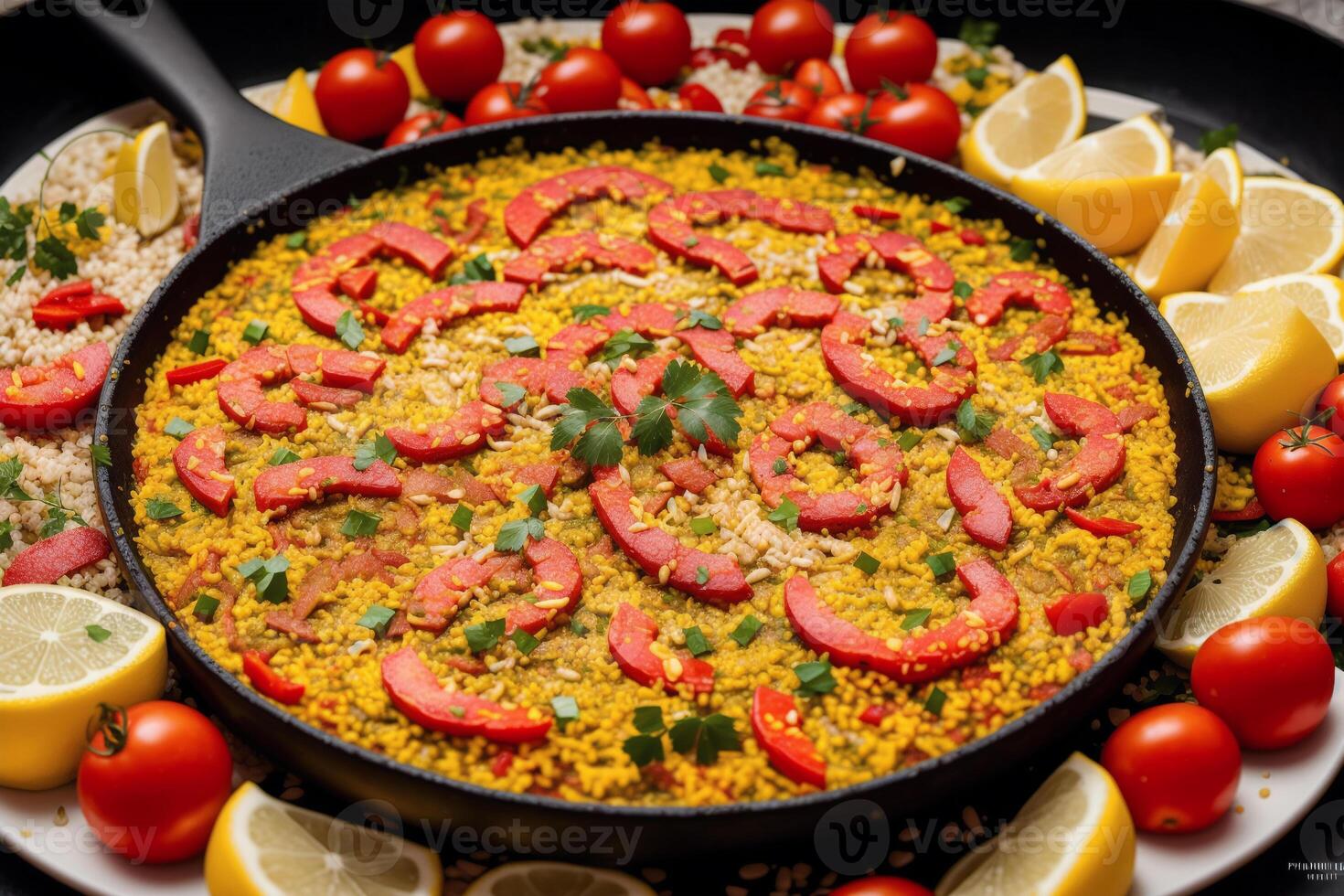 Paella, traditionell Spanisch Gericht gemacht mit Reis, Hähnchen und Gemüse, serviert im ein Pfanne. Paella mit Meeresfrüchte. Spanisch Küche. generativ ai foto