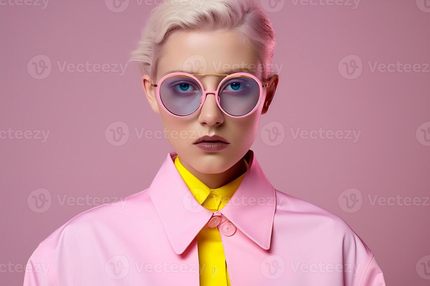 ai generiert Frau mit Rosa Brille und Outfit foto