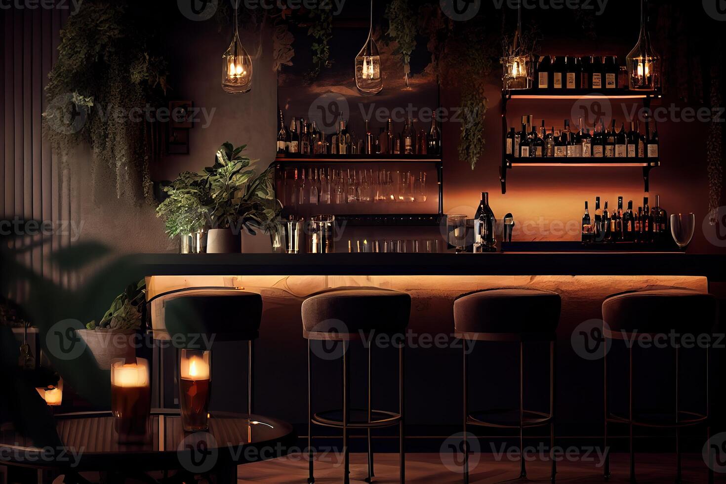 generativ ai Illustration von ein Salon Bar, Das beinhaltet Elemente eine solche wie ein gut beleuchtet Bar Schalter, Wein Gläser, zündete Kerzen und ein entspannt und Begrüßung Atmosphäre foto