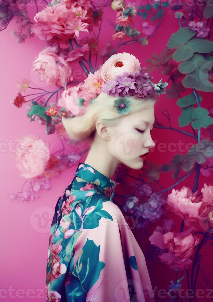 ai generiert Frau mit Blumen, Frühling Konzept foto
