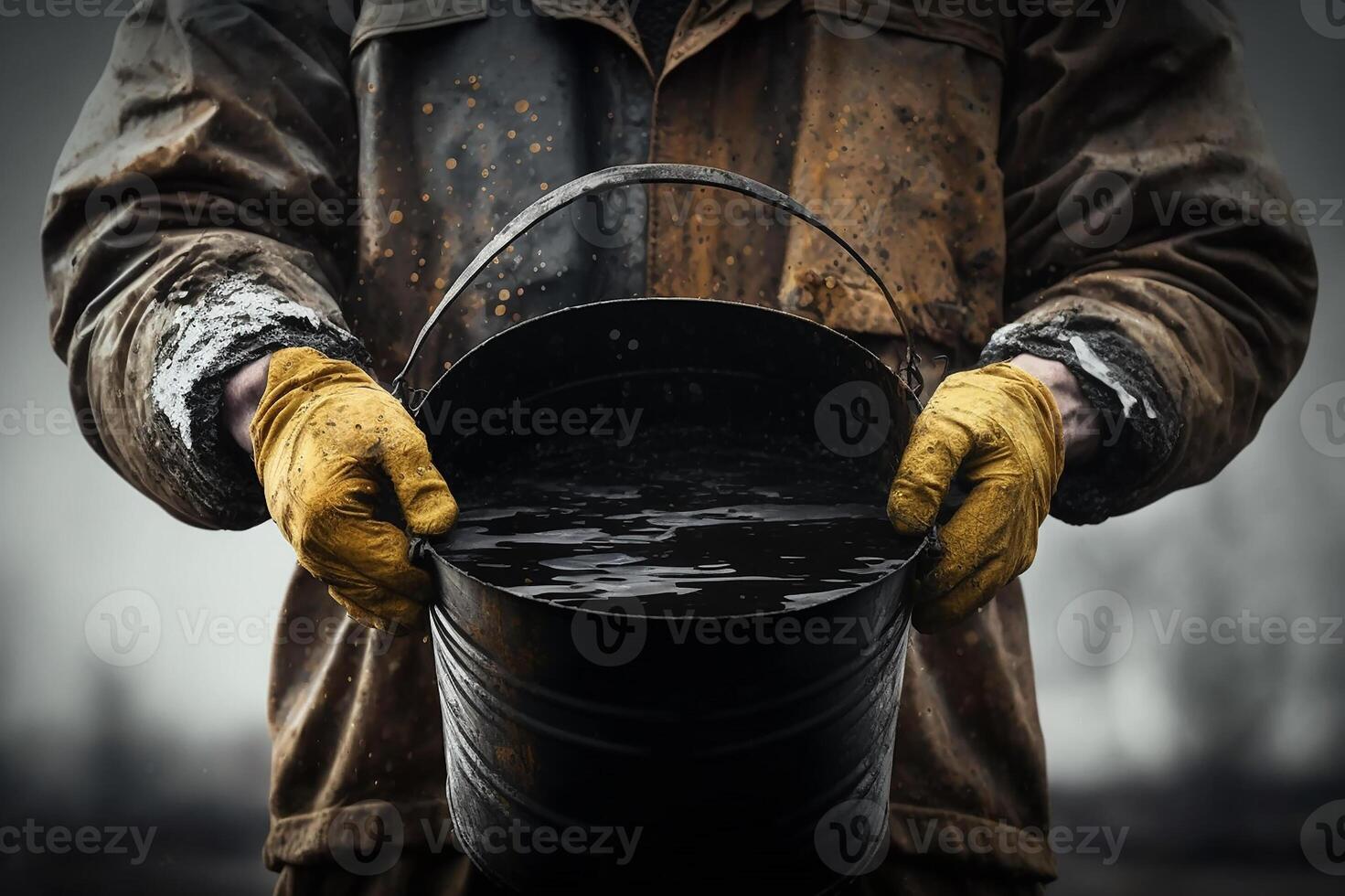 roh Öl, ein Mann hält ein Eimer voll von schwarz roh Öl. Öl Feld. generativ ai foto