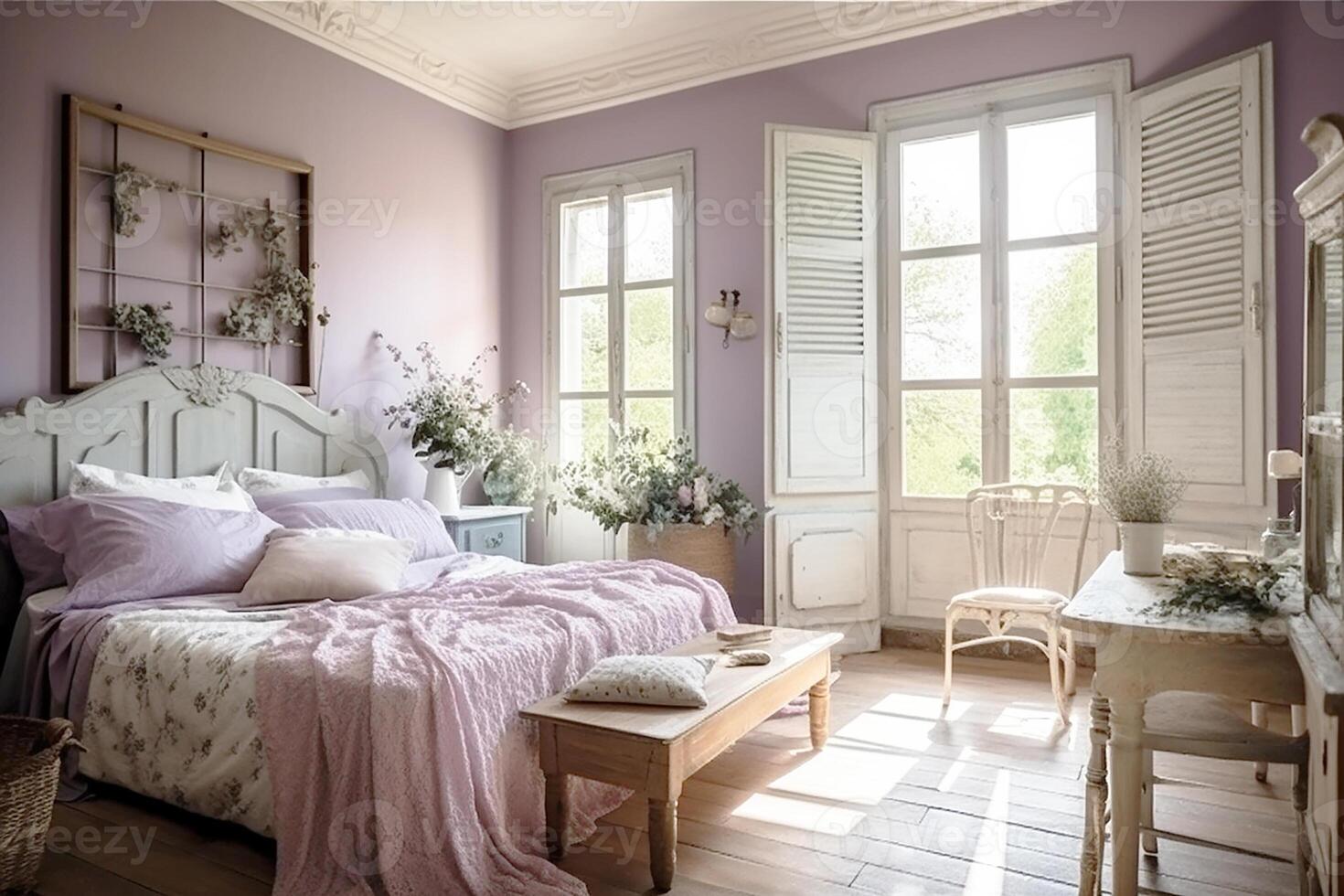 Innere von ein luxuriös Schlafzimmer im das Stil von Provence, Rosa und lila Töne. generativ ai foto