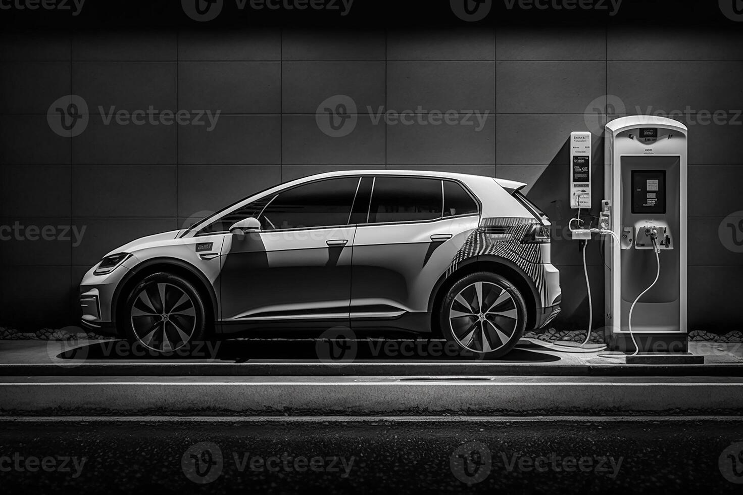 elektrisch Auto im das Parkplatz Menge mit Ladegerät. ev Wagen. generativ ai foto