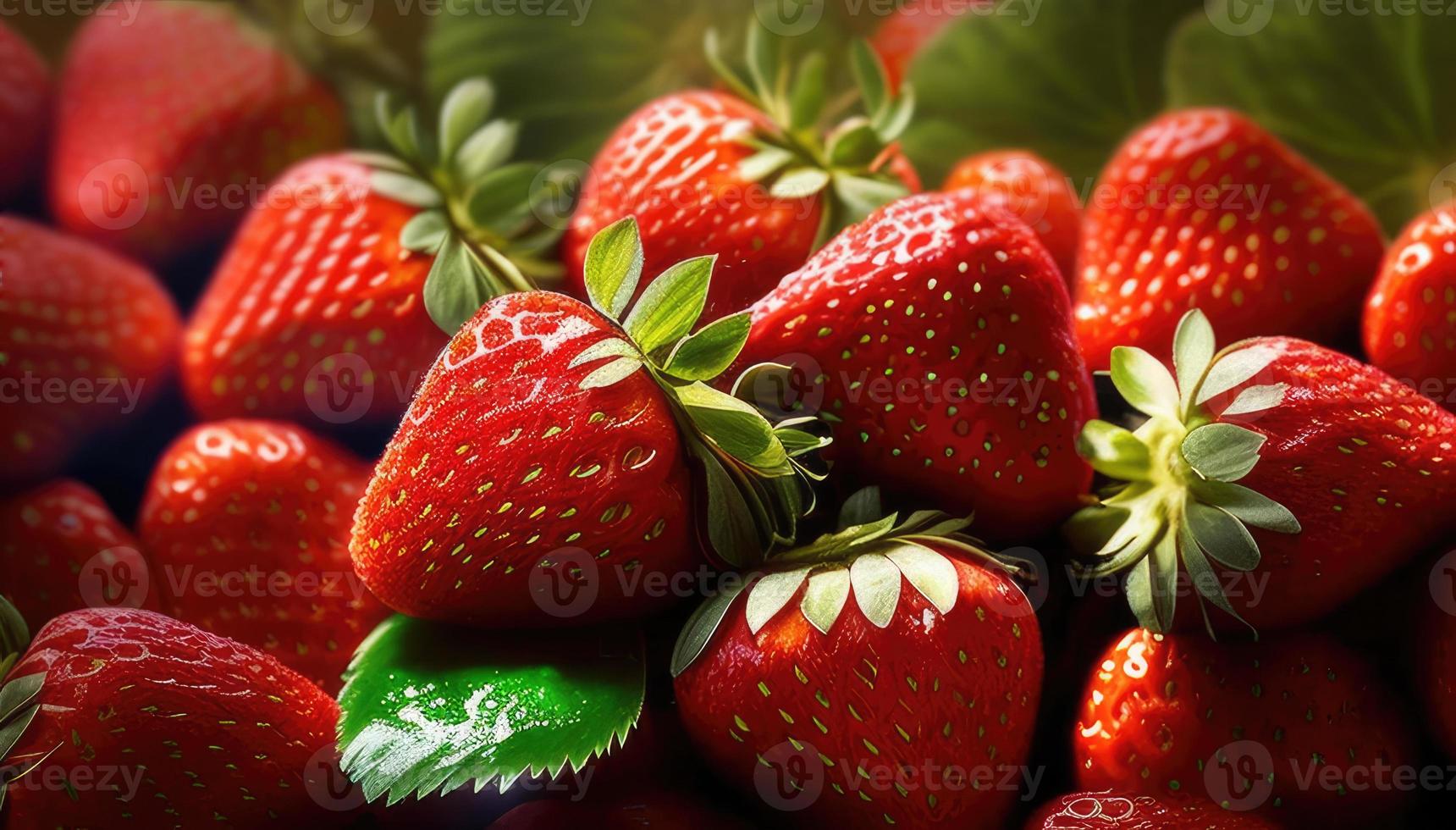 Hintergrund von rot Erdbeeren mit Grün Blätter. ai Generation foto